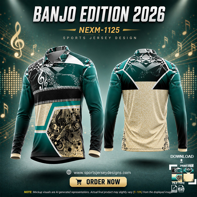 NEXM-1125 GREEN, BLACK AND CREAM PATTERN MUSICAL BANJO GROUP SUBLIMATION JERSEY DESIGN IN ORANGE AND BLACK COLOR
